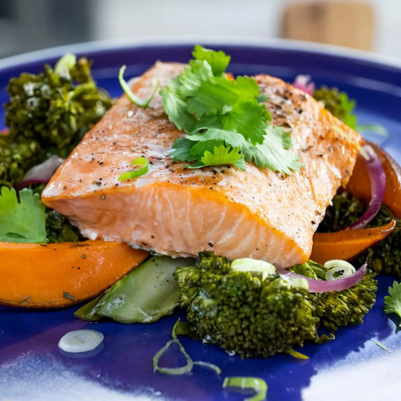 Roasted Salmon with Sweet Potatoes and Broccolini Recipe